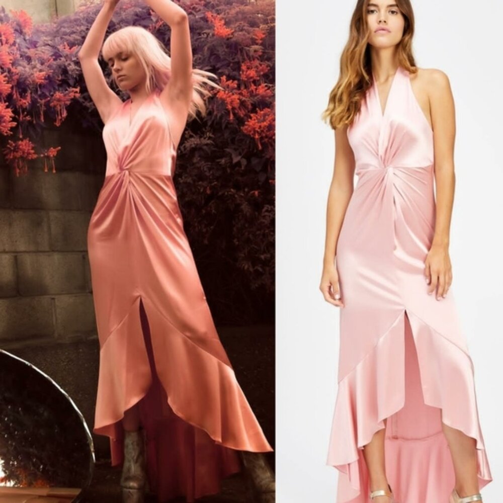$500 NWT JILL STUART Light Pink Maxi Dress 12 LARGE Halter Glossy Evening Satin